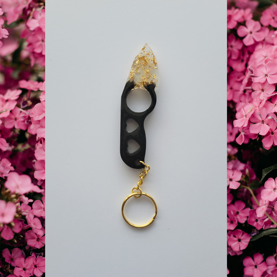 Knife Keychain, Black and Clear w/Gold Flakes