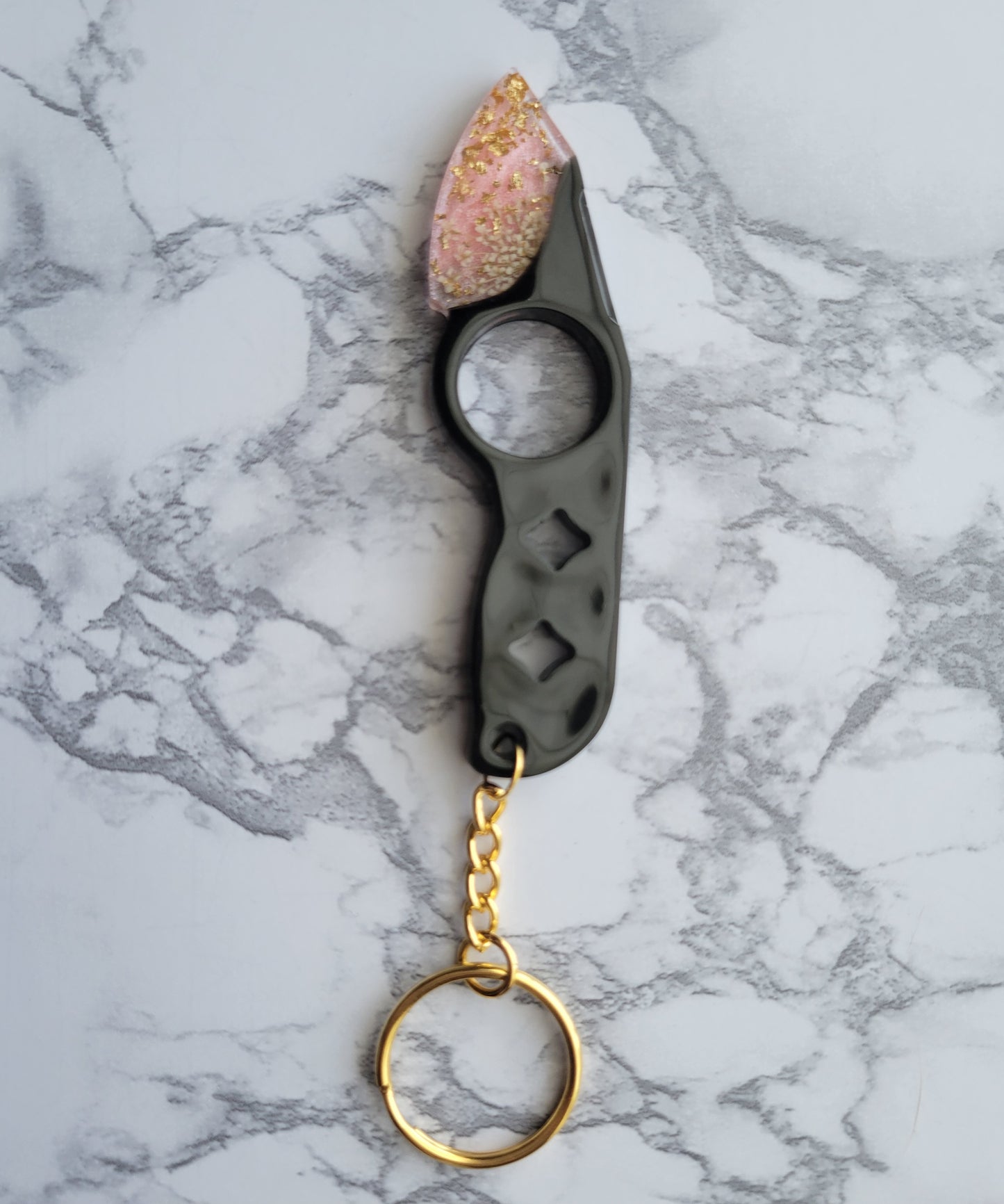 Knife Keychain, Black and Pink (White flowers)