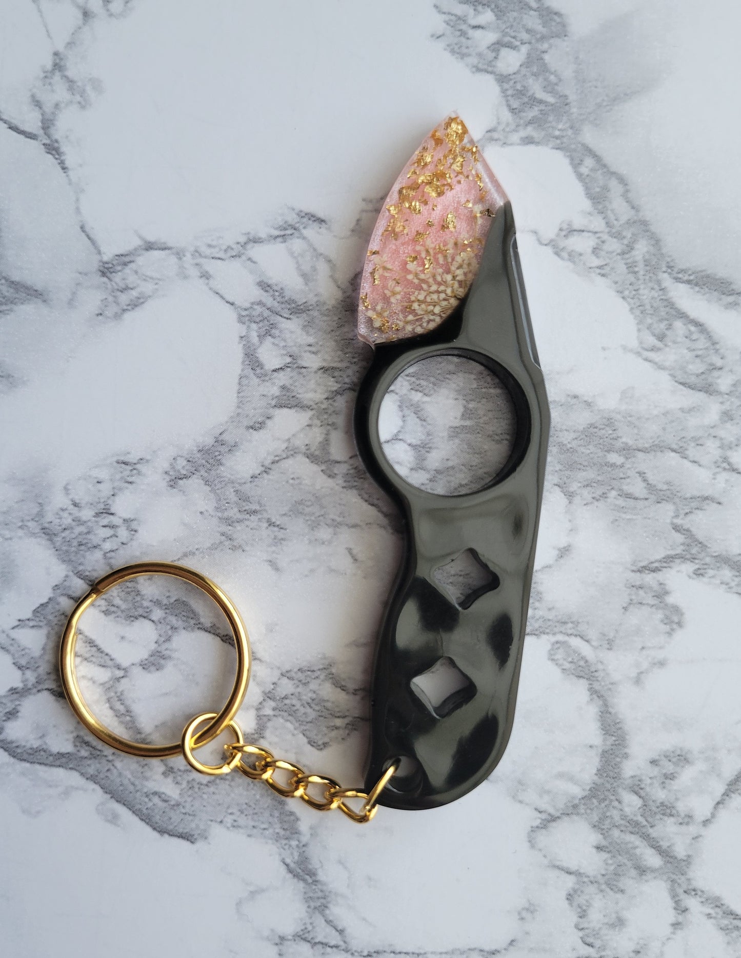 Knife Keychain, Black and Pink (White flowers)