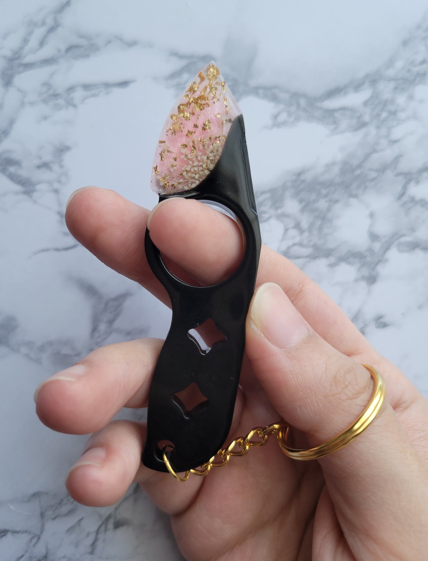 Knife Keychain, Black and Pink (White flowers)