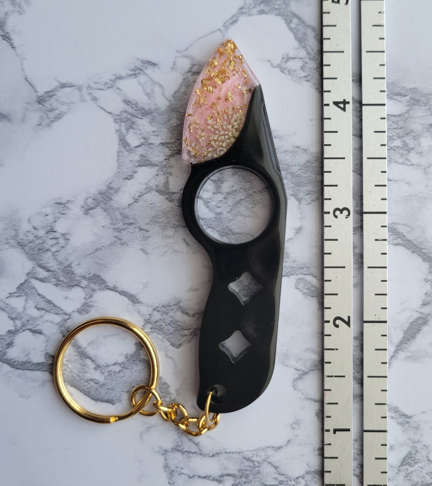 Knife Keychain, Black and Pink (White flowers)