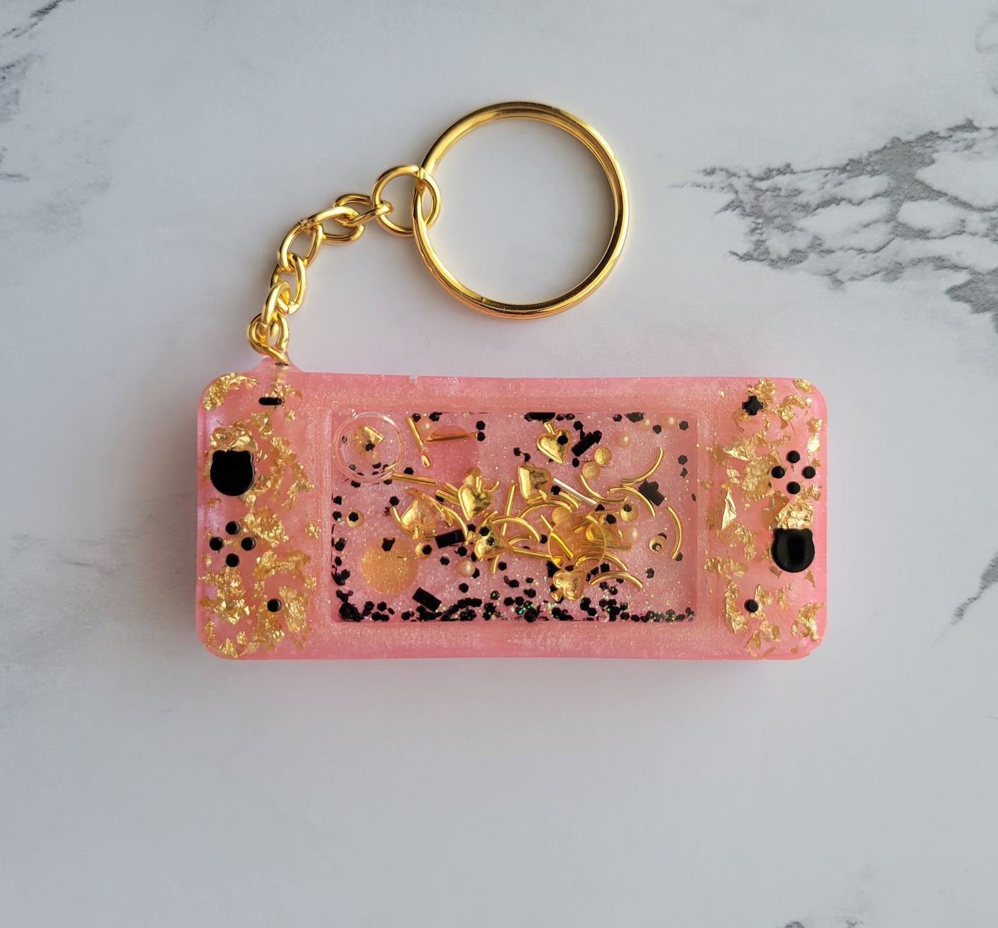 Gameboy Shaker Keychain, Pink w/Gold Flakes