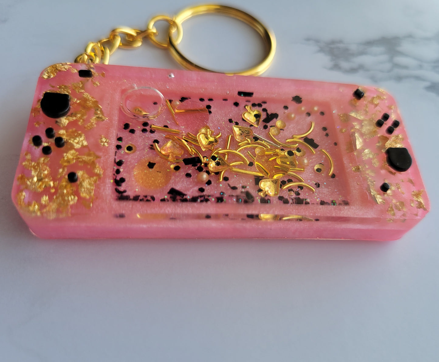 Gameboy Shaker Keychain, Pink w/Gold Flakes