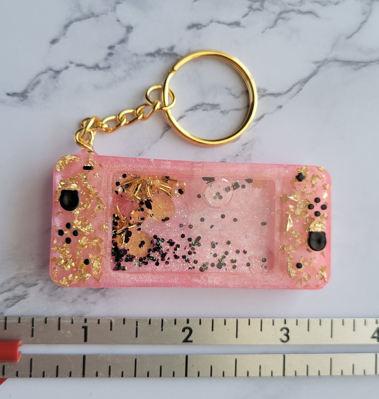 Gameboy Shaker Keychain, Pink w/Gold Flakes