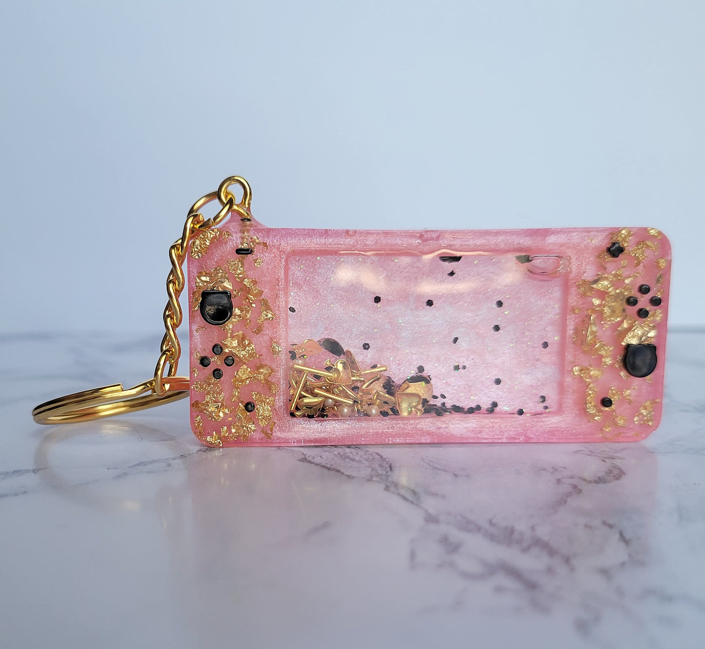 Gameboy Shaker Keychain, Pink w/Gold Flakes