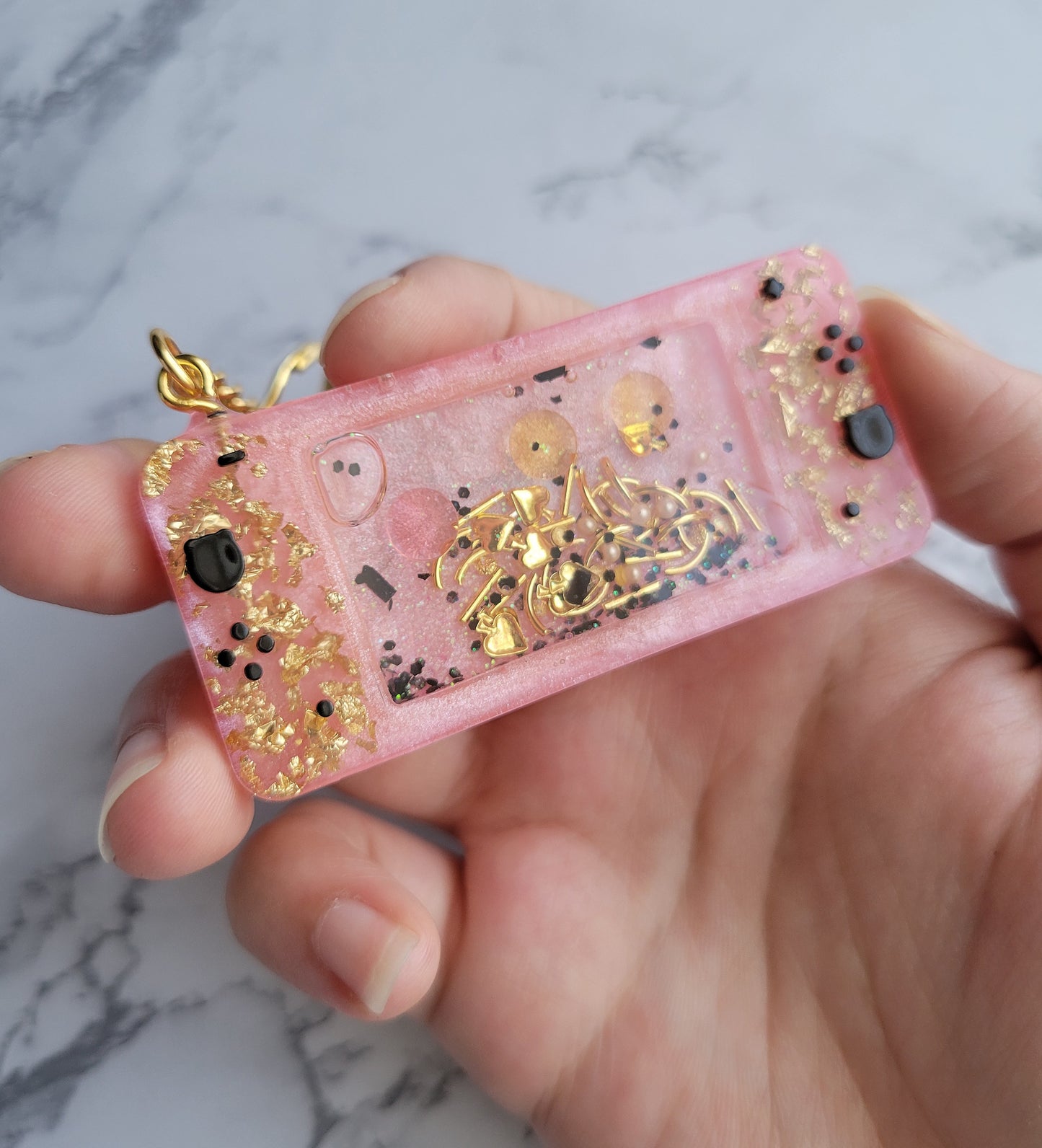 Gameboy Shaker Keychain, Pink w/Gold Flakes