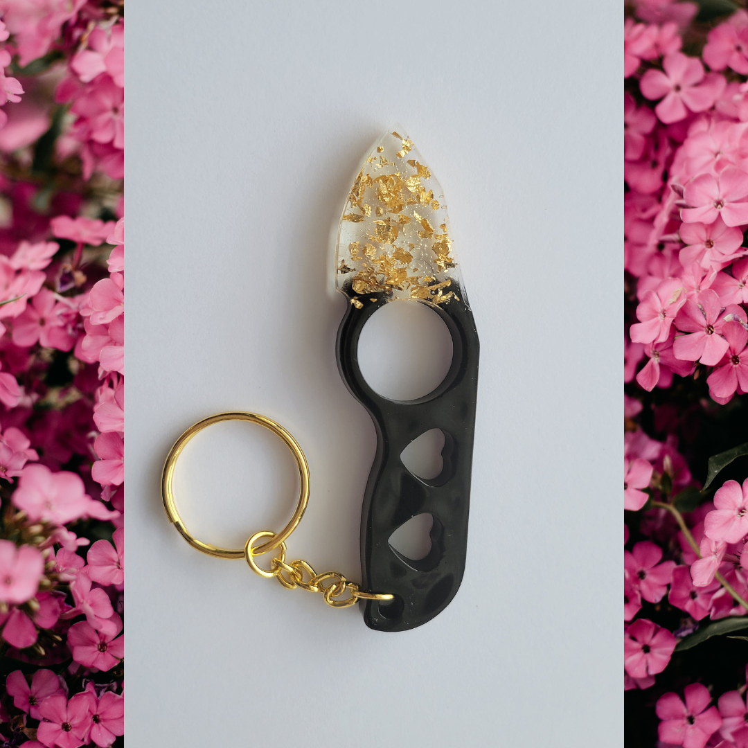 Knife Keychain, Black and Clear w/Gold Flakes