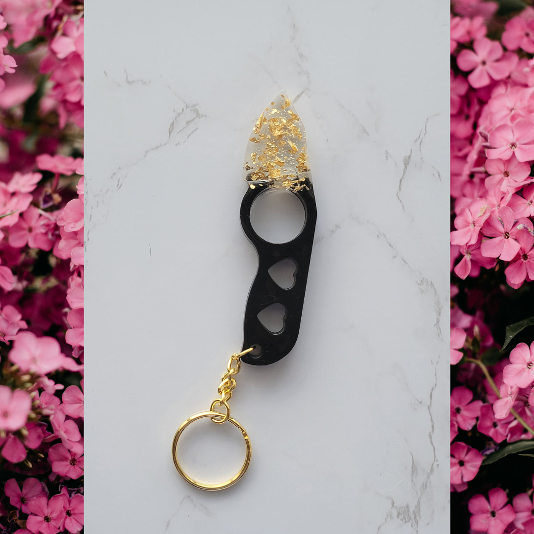 Knife Keychain, Black and Clear w/Gold Flakes