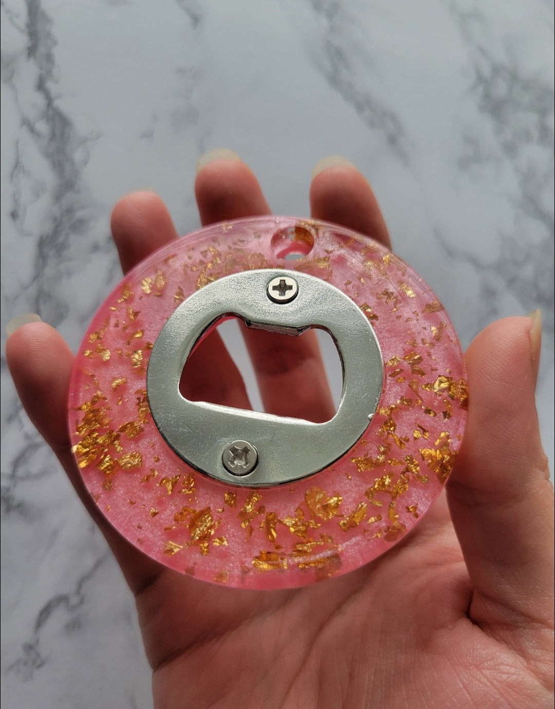 Bottle Opener, Pink w/Gold Flakes