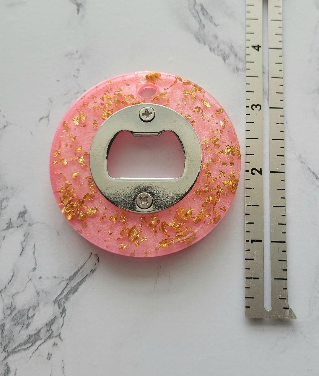 Bottle Opener, Pink w/Gold Flakes