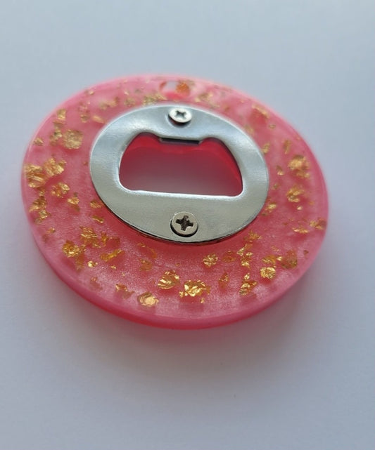 Bottle Opener, Pink w/Gold Flakes