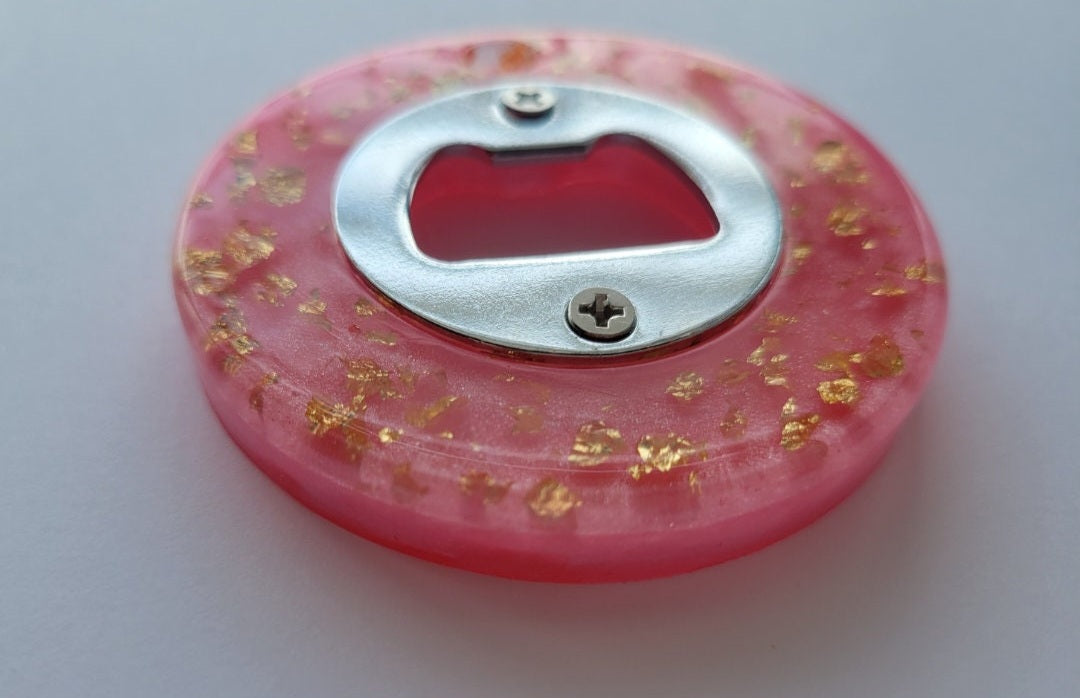 Bottle Opener, Pink w/Gold Flakes